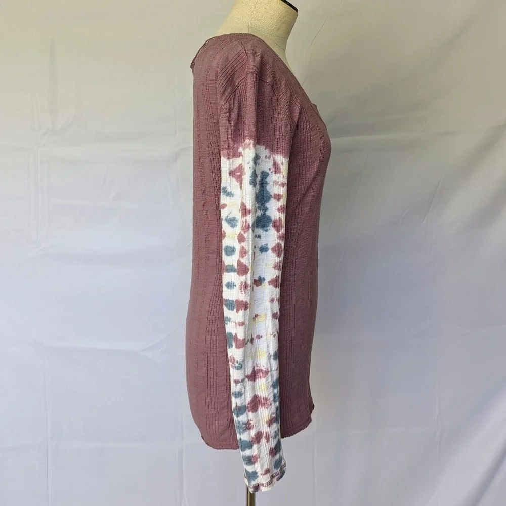 Free People Big Sur Top Long Tie Dyed Sleeves Scoop Neck Ribbed Knit Mauve L EUC